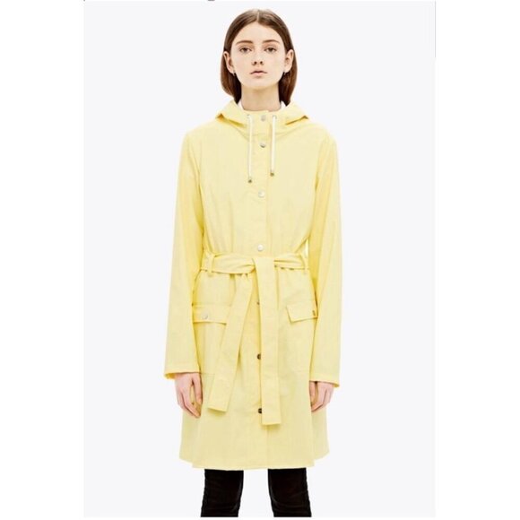 RAINS Women's Curve Raincoat Yellow Zipper Snap Trench Belted Waterproof Flawed - Picture 1 of 14
